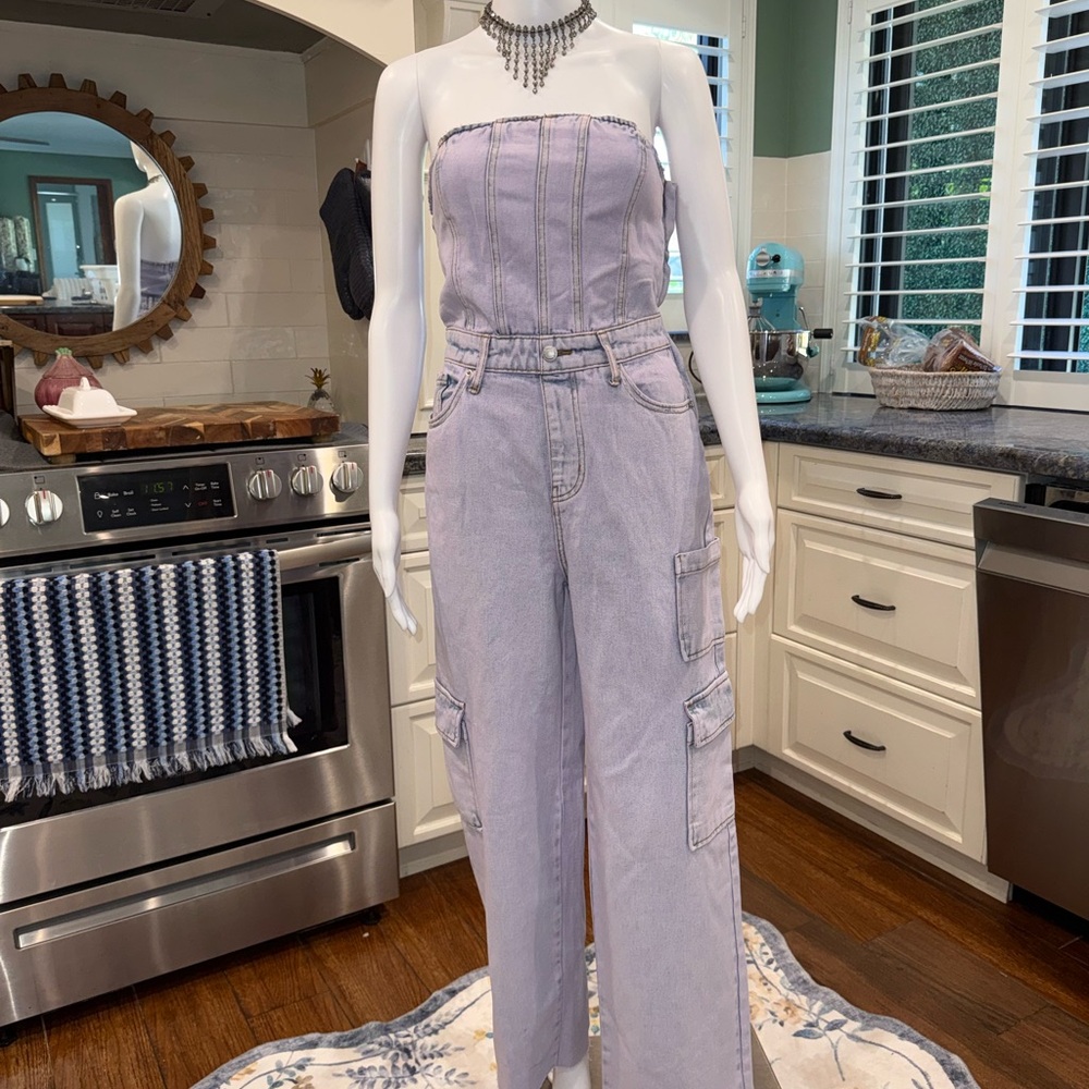 Wild Fable Lavender Cargo Women Strapless Corset Style Jeans Jumpsuit XXS